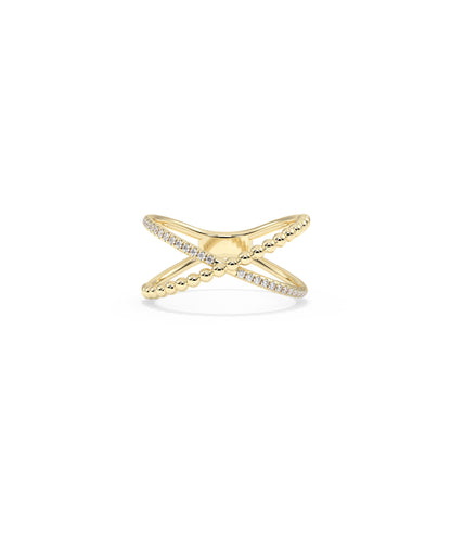 Diamond Line & Beaded Cross Ring | 14k Gold Engagement Ring