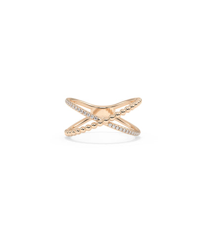 Diamond Line & Beaded Cross Ring | 14k Gold Engagement Ring