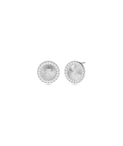 Diamond Halo Groove Disc Earring with Gold Initial