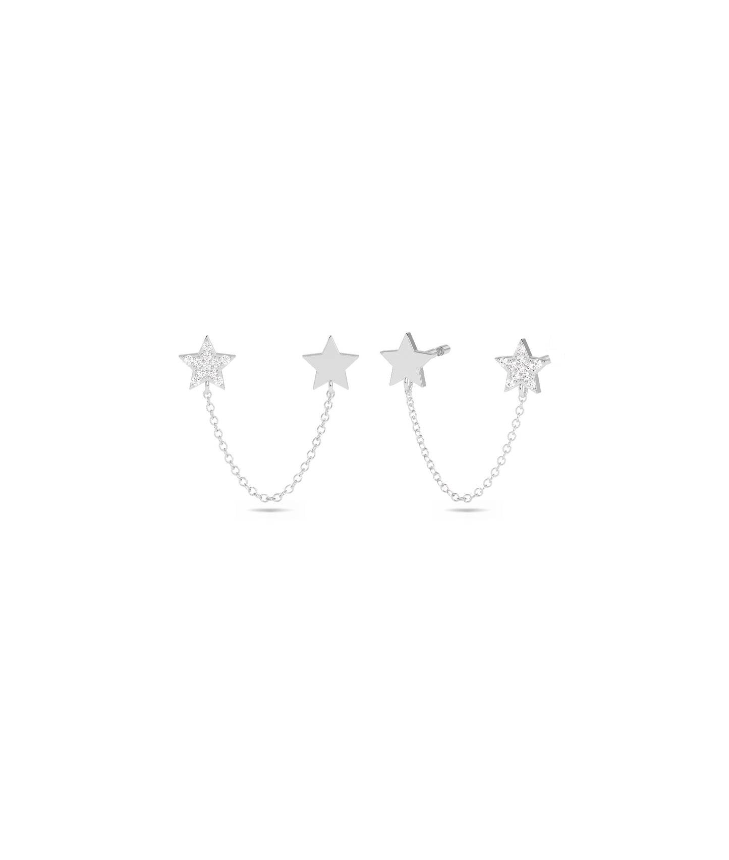 2 Piercing Start Stud Earring with Cable Chain Dangle 