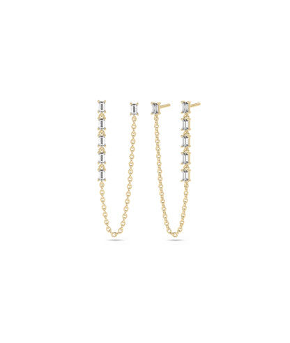 2 Piercing Baguette Cable Chain Dangle Earring | Diamond Earrings 