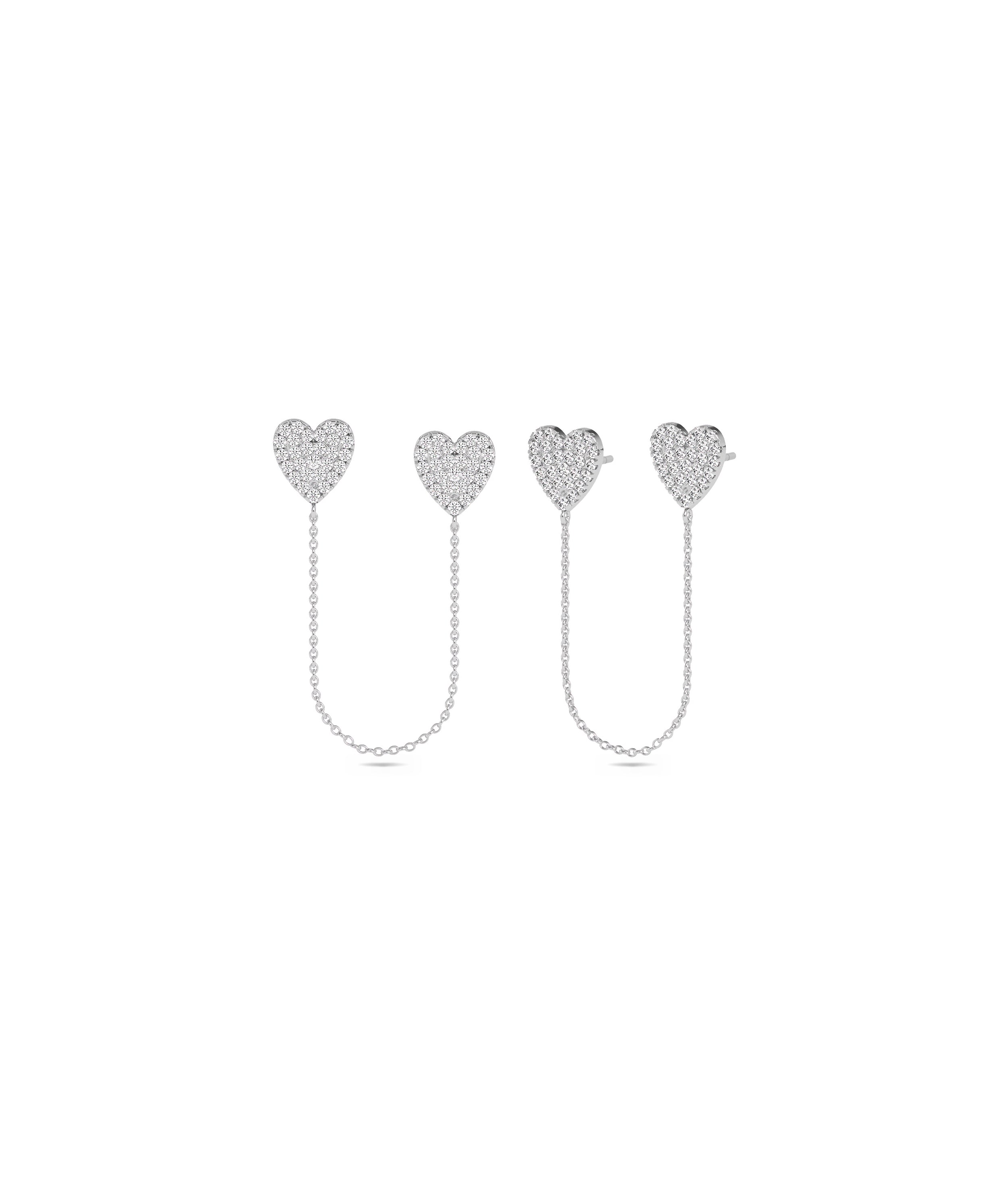 Diamond Pave Heart 2 Piercing Earring with Cable Chain | Diamond Chains For Women 