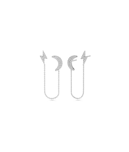 Lightning & Moon 2 Piercing Earring with Cable Chain | Diamond Earrings