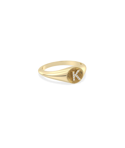 Custom Diamond Initial Groove Circle Signet Ring - Unique Diamond Band Ring