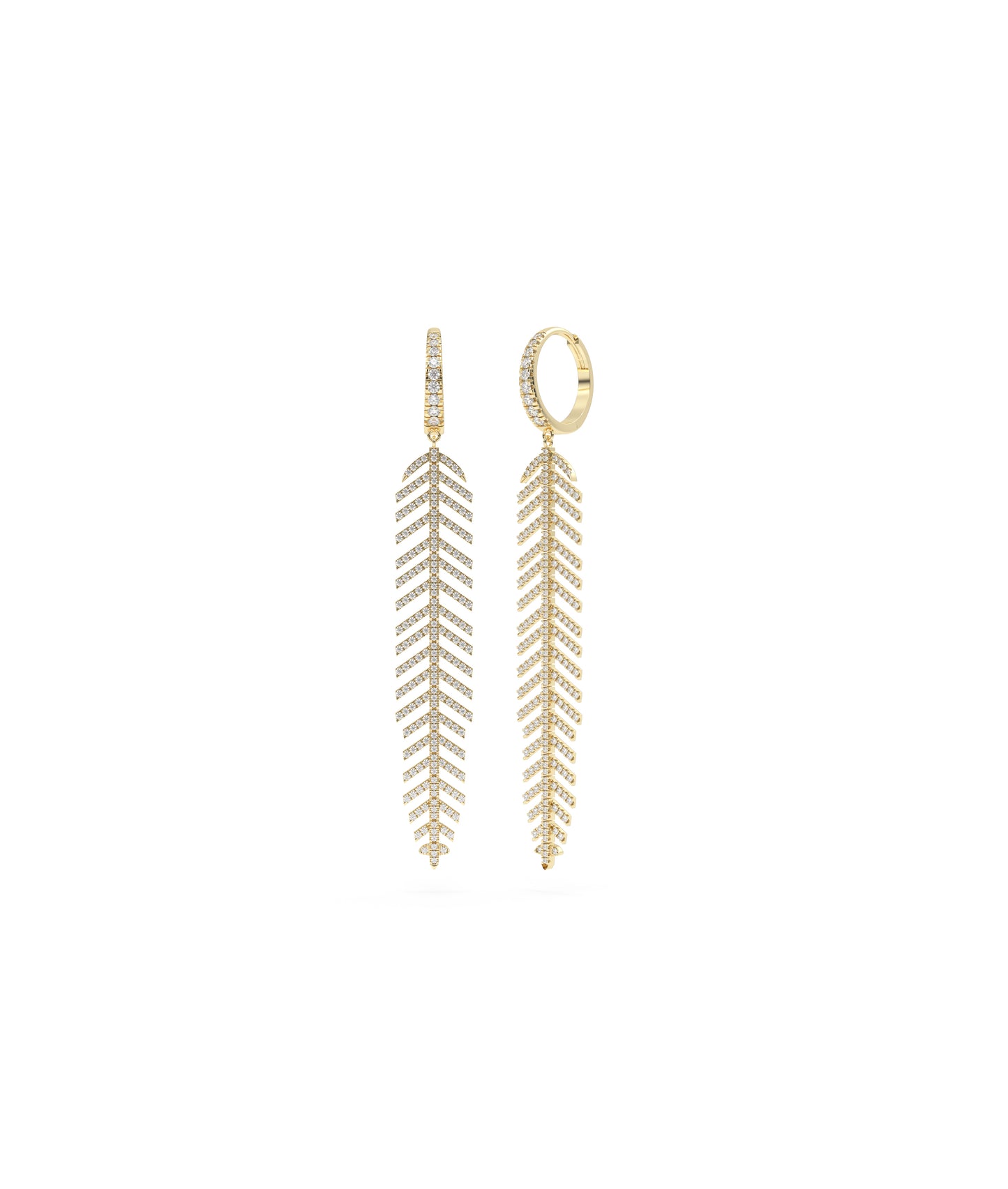 Long Diamond Pave Feather Dangle Earrings | Diamond Earrings