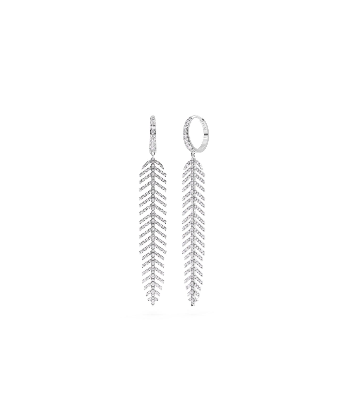 Long Diamond Pave Feather Dangle Earrings | Diamond Earrings