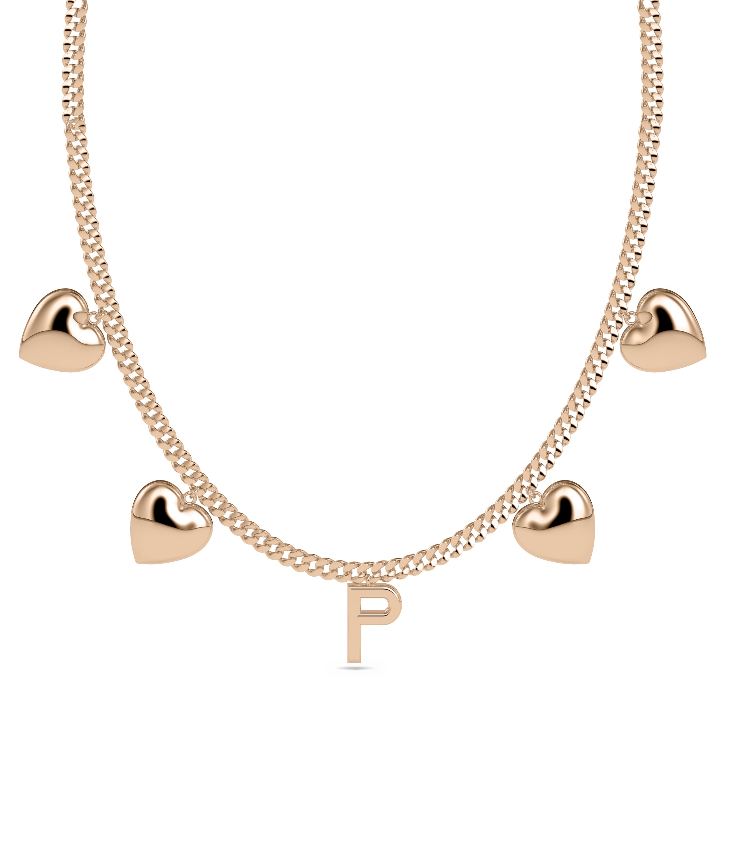 Custom Gold Initial with Bubble Heart Curb Link Chain Necklace